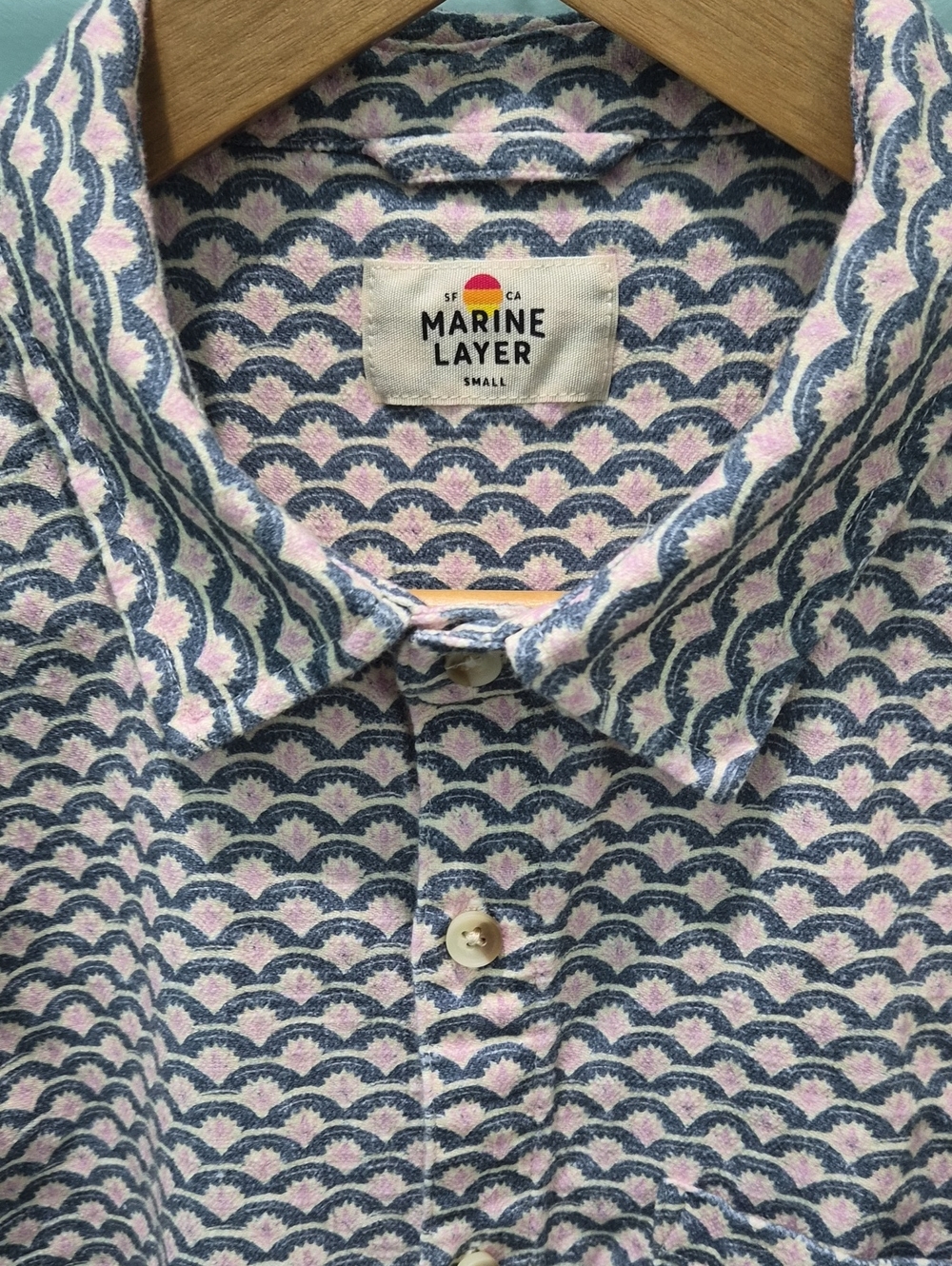 Marine Layer Blue and Pink Scallop-Pattern Button Down Shirt